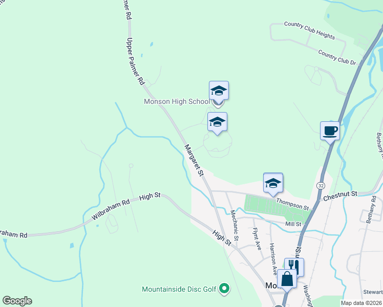 map of restaurants, bars, coffee shops, grocery stores, and more near 55 Margaret Street in Monson