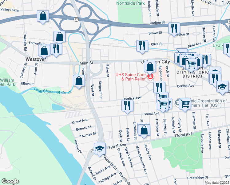 map of restaurants, bars, coffee shops, grocery stores, and more near 88 Crocker Ave in Johnson City