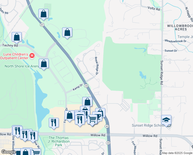 map of restaurants, bars, coffee shops, grocery stores, and more near 2209 Wyndance Way in Northbrook