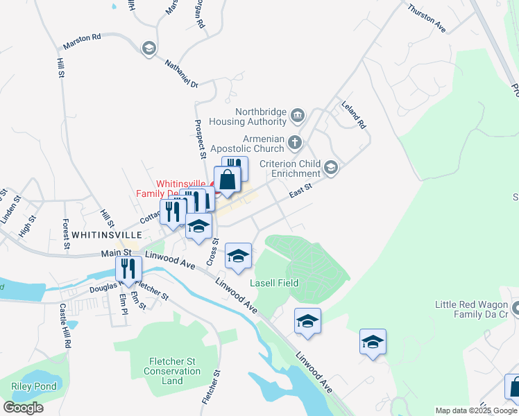 map of restaurants, bars, coffee shops, grocery stores, and more near 53 East Street in Northbridge