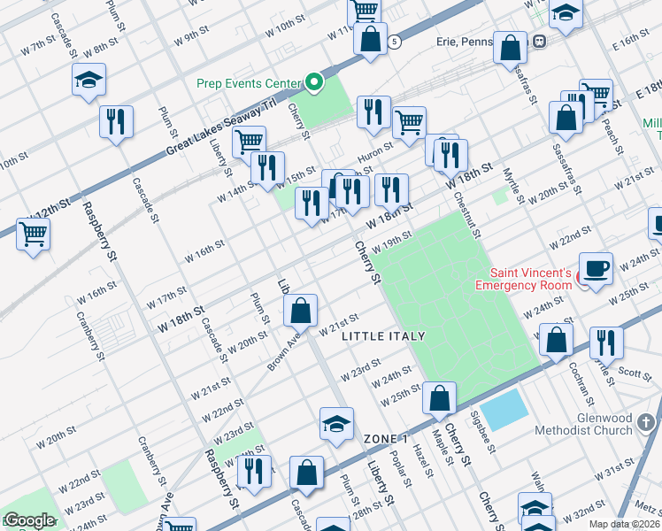 map of restaurants, bars, coffee shops, grocery stores, and more near 642 W 19th St in Erie