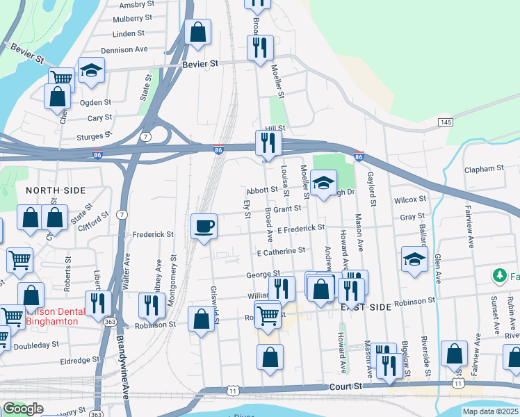 map of restaurants, bars, coffee shops, grocery stores, and more near 99 Broad Avenue in Binghamton