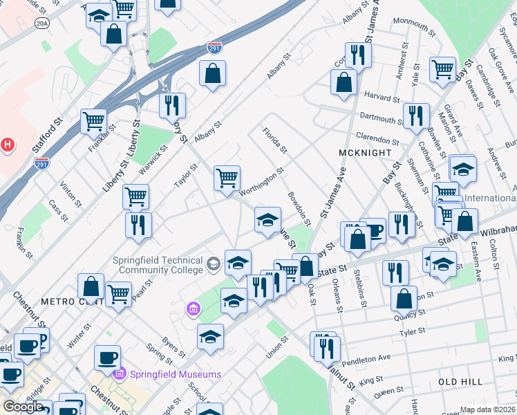 map of restaurants, bars, coffee shops, grocery stores, and more near 139 Magazine Street in Springfield