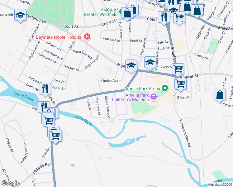 map of restaurants, bars, coffee shops, grocery stores, and more near 34 South Maple Street in Westfield