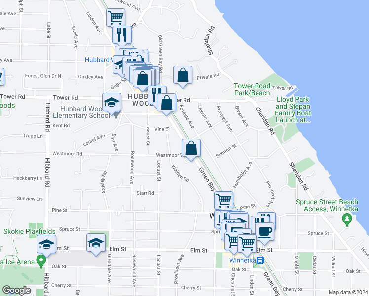 map of restaurants, bars, coffee shops, grocery stores, and more near 770 Green Bay Road in Winnetka