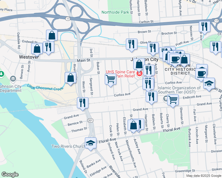 map of restaurants, bars, coffee shops, grocery stores, and more near 100 Albert Street in Johnson City