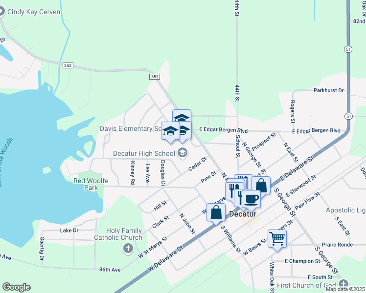 map of restaurants, bars, coffee shops, grocery stores, and more near 405 North Phelps Street in Decatur