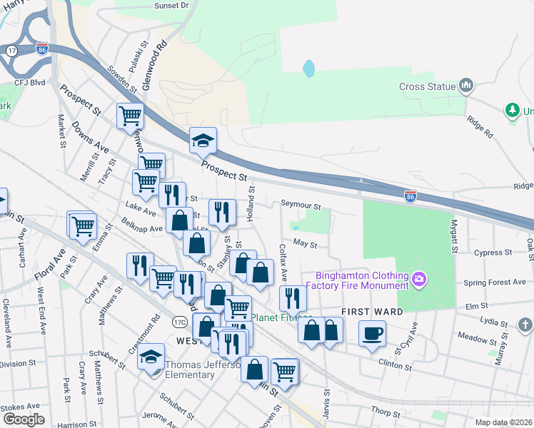 map of restaurants, bars, coffee shops, grocery stores, and more near 8 Jones Street in Binghamton