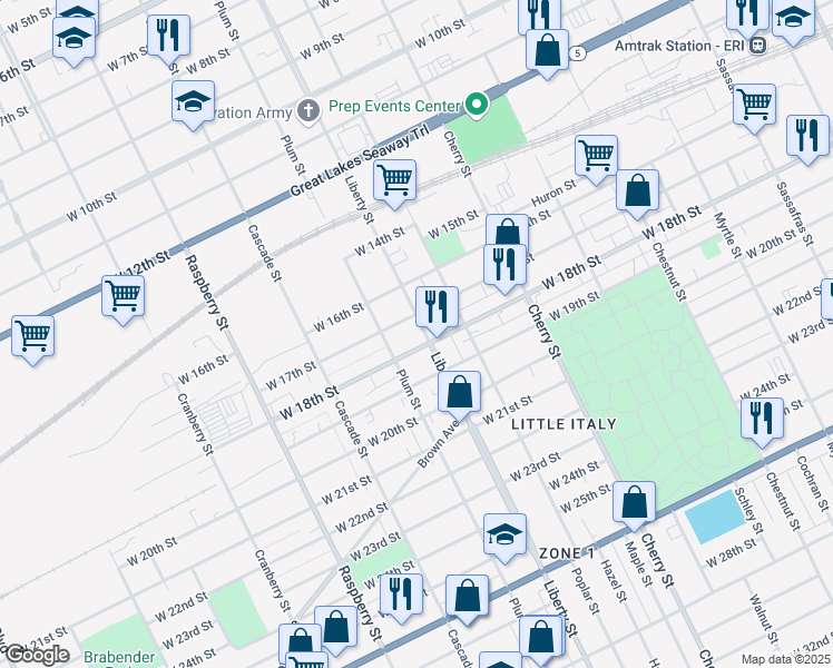 map of restaurants, bars, coffee shops, grocery stores, and more near 1714 Liberty Street in Erie