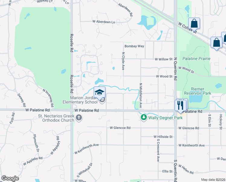 map of restaurants, bars, coffee shops, grocery stores, and more near 1170 West Wilson Street in Palatine