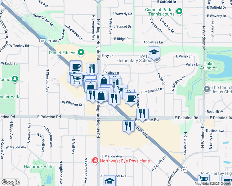 map of restaurants, bars, coffee shops, grocery stores, and more near 342 East Rand Road in Arlington Heights