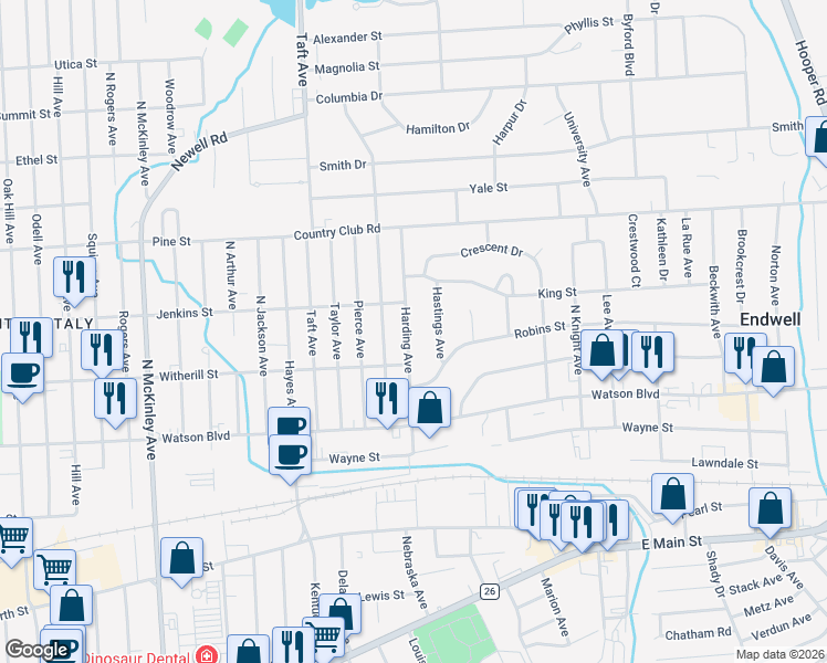 map of restaurants, bars, coffee shops, grocery stores, and more near 216 Harding Avenue in Endicott