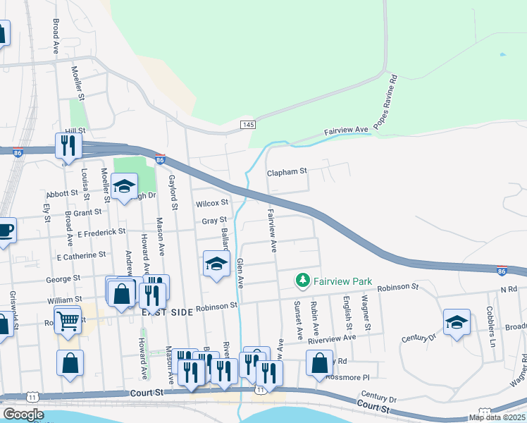map of restaurants, bars, coffee shops, grocery stores, and more near 97 Fairview Ave in Binghamton