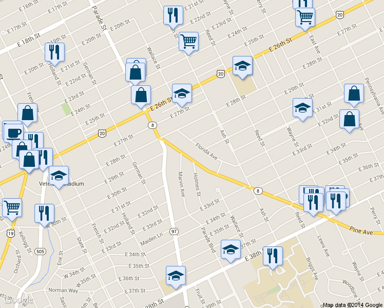 map of restaurants, bars, coffee shops, grocery stores, and more near 3001 Pine Ave in Erie
