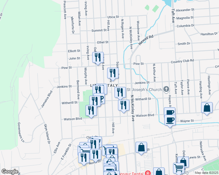 map of restaurants, bars, coffee shops, grocery stores, and more near 225 Hill Ave in Endicott