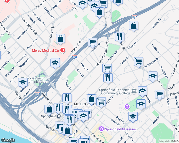 map of restaurants, bars, coffee shops, grocery stores, and more near 326 Liberty Street in Springfield