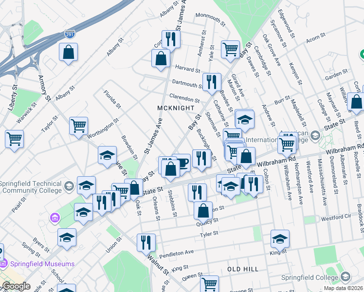 map of restaurants, bars, coffee shops, grocery stores, and more near 145 Bay Street in Springfield