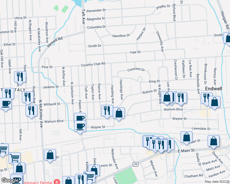 map of restaurants, bars, coffee shops, grocery stores, and more near 216 Harding Avenue in Endicott