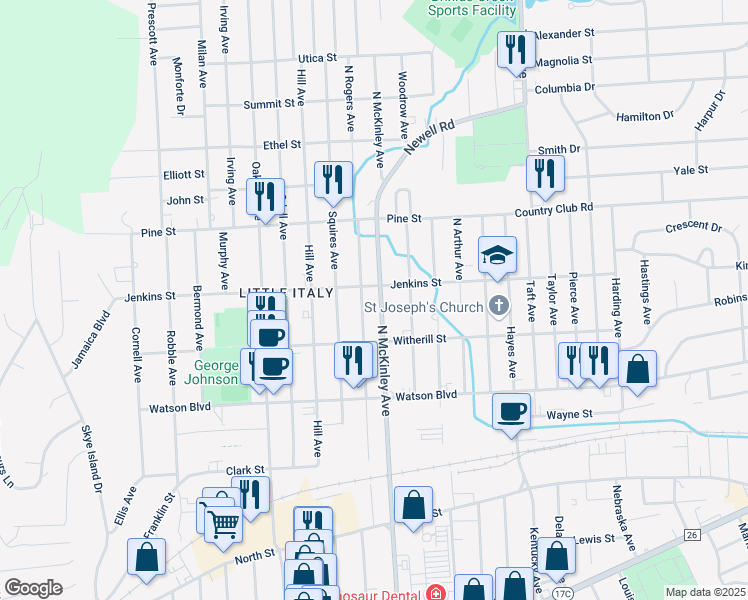 map of restaurants, bars, coffee shops, grocery stores, and more near 223 North McKinley Avenue in Endicott