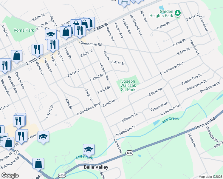 map of restaurants, bars, coffee shops, grocery stores, and more near 4310 Genesee Avenue in Erie