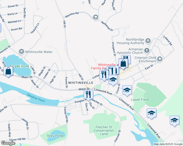 map of restaurants, bars, coffee shops, grocery stores, and more near 12 Pine Street in Northbridge