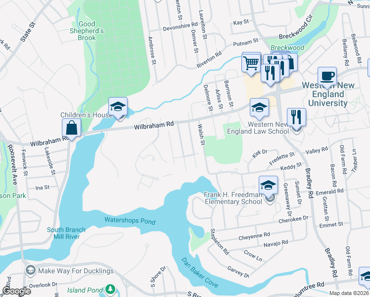 map of restaurants, bars, coffee shops, grocery stores, and more near 55 Monticello Avenue in Springfield