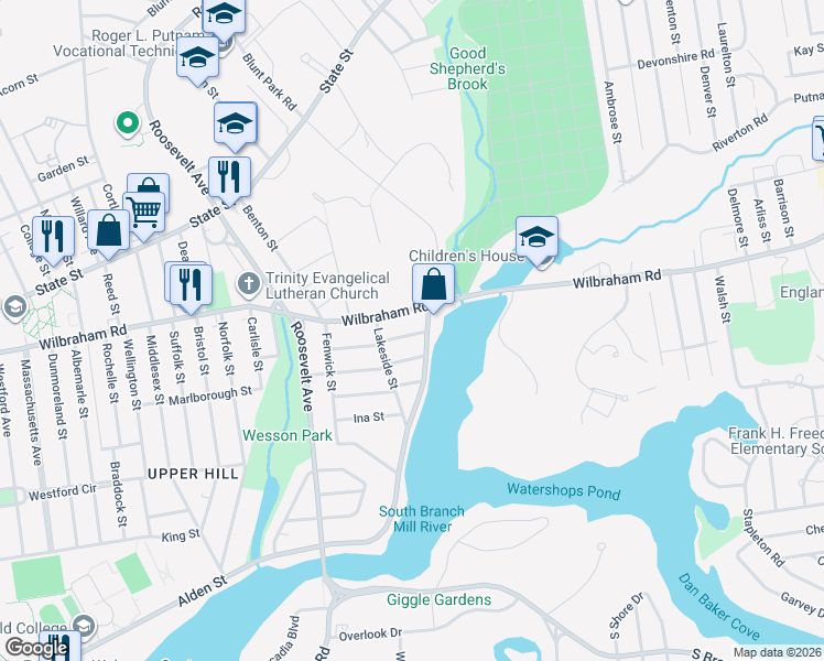 map of restaurants, bars, coffee shops, grocery stores, and more near 34 Elsie Street in Springfield