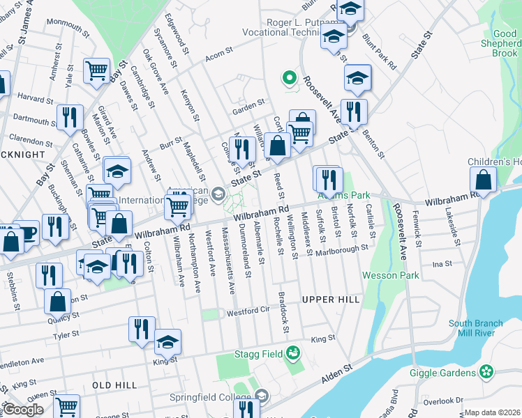 map of restaurants, bars, coffee shops, grocery stores, and more near 168-184 Wilbraham Road in Springfield