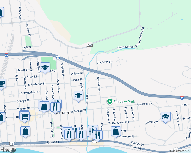 map of restaurants, bars, coffee shops, grocery stores, and more near 97 Fairview Avenue in Binghamton
