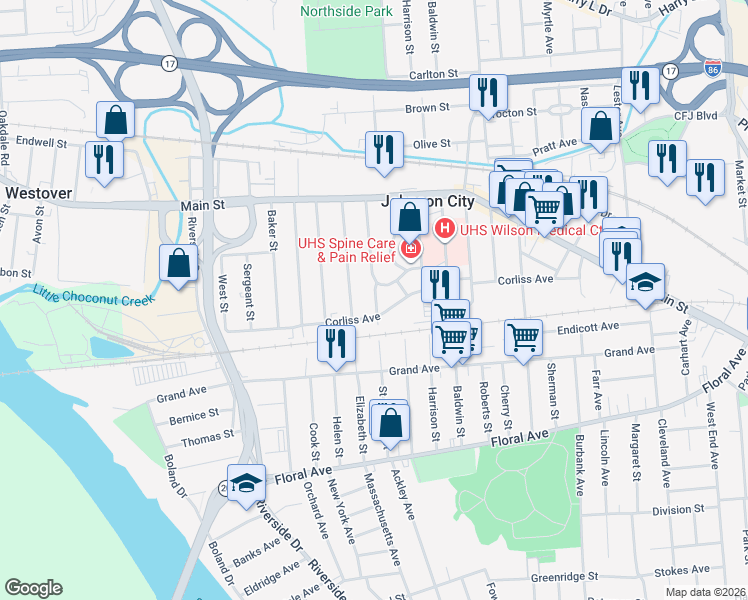 map of restaurants, bars, coffee shops, grocery stores, and more near 96 Saint Charles Street in Johnson City