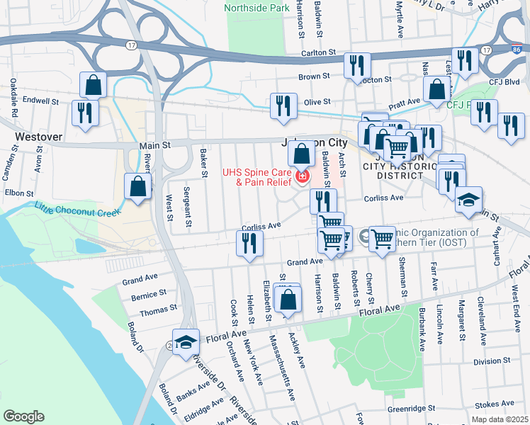 map of restaurants, bars, coffee shops, grocery stores, and more near 96 Saint Charles Street in Johnson City