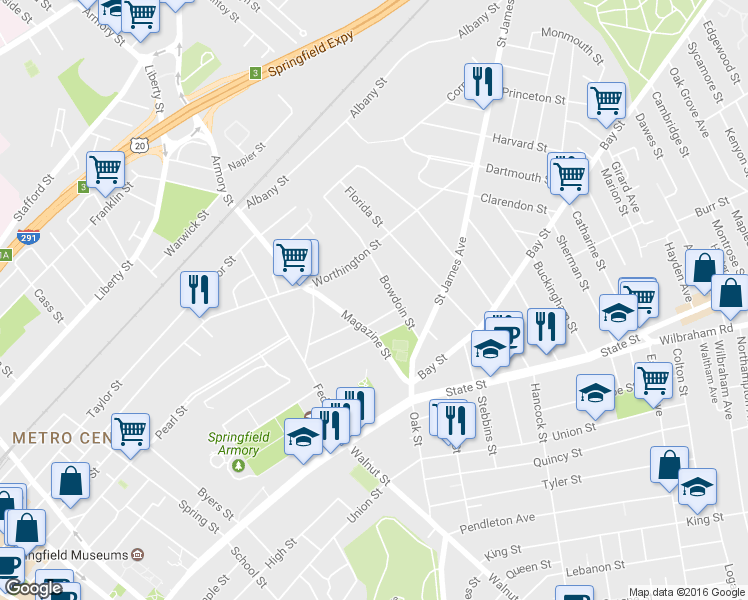 map of restaurants, bars, coffee shops, grocery stores, and more near 62 Bowdoin Street in Springfield