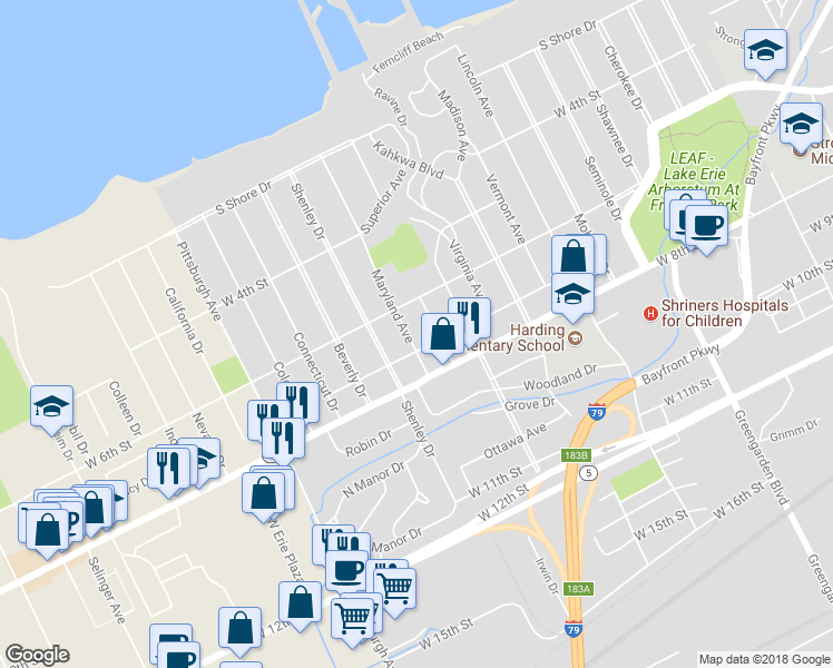 map of restaurants, bars, coffee shops, grocery stores, and more near 629 Maryland Ave in Erie
