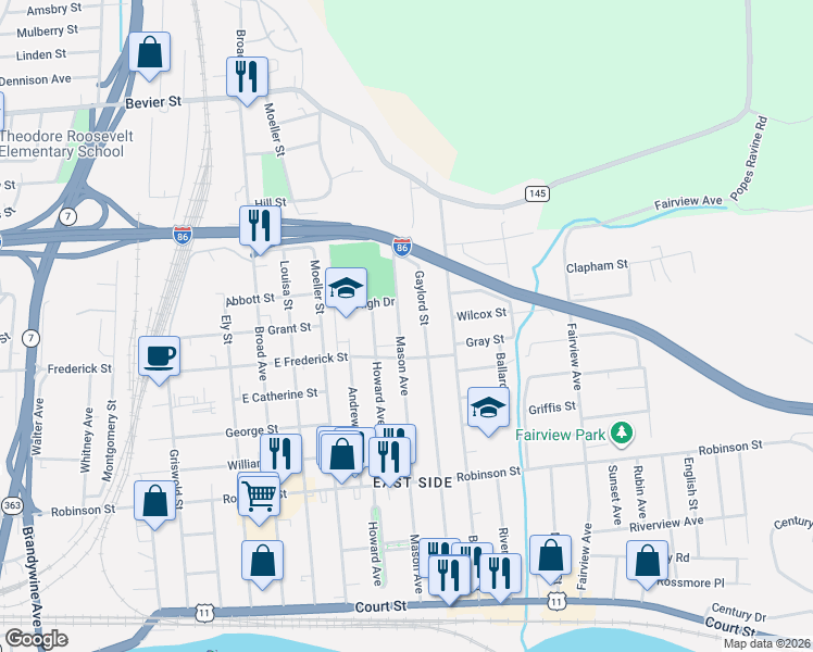 map of restaurants, bars, coffee shops, grocery stores, and more near 112 Mason Avenue in Binghamton