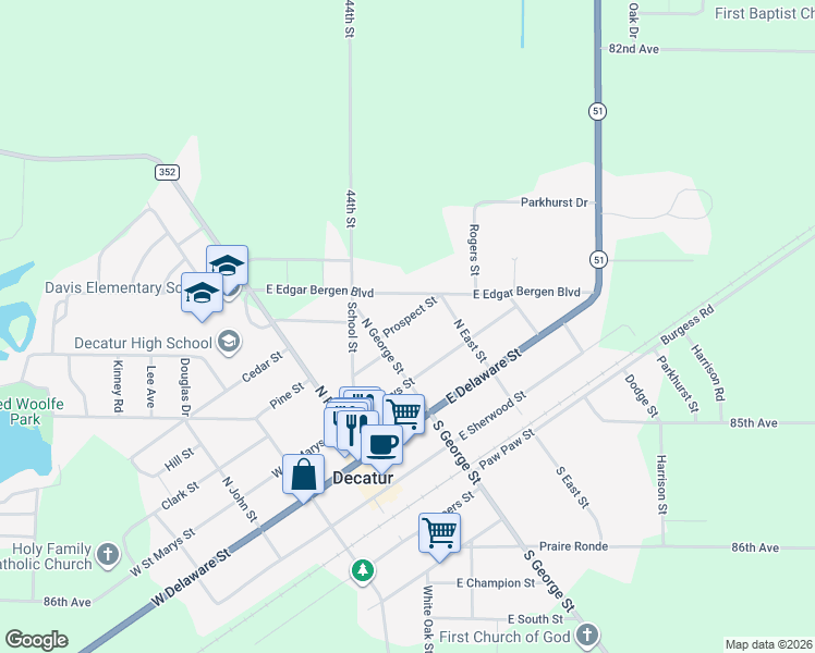 map of restaurants, bars, coffee shops, grocery stores, and more near 208 Prospect Street in Decatur