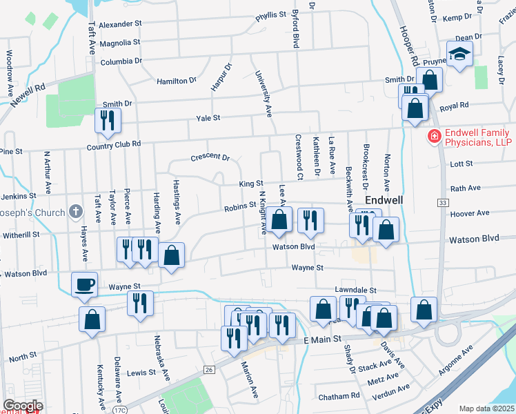 map of restaurants, bars, coffee shops, grocery stores, and more near 211 N Knight Ave in Endicott