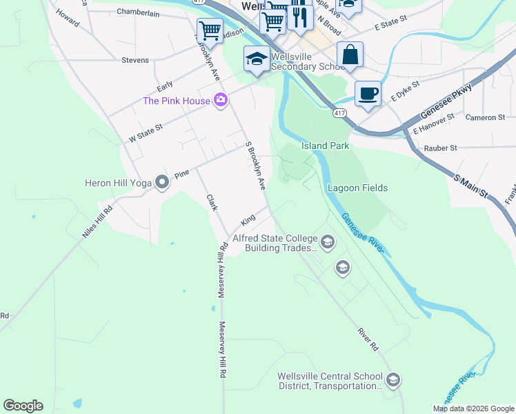 map of restaurants, bars, coffee shops, grocery stores, and more near 28 King in Wellsville