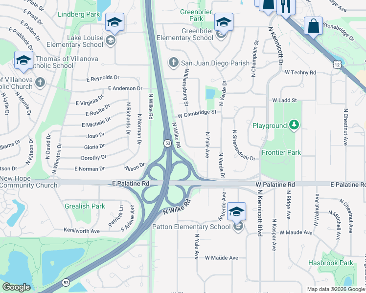 map of restaurants, bars, coffee shops, grocery stores, and more near 1517 West Richmond Street in Arlington Heights