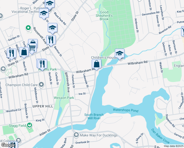 map of restaurants, bars, coffee shops, grocery stores, and more near 34 Elsie Street in Springfield