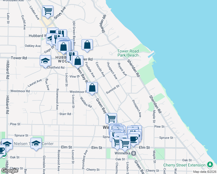 map of restaurants, bars, coffee shops, grocery stores, and more near 780 Lincoln Avenue in Winnetka
