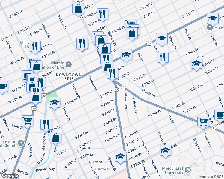 map of restaurants, bars, coffee shops, grocery stores, and more near 352 East 29th Street in Erie