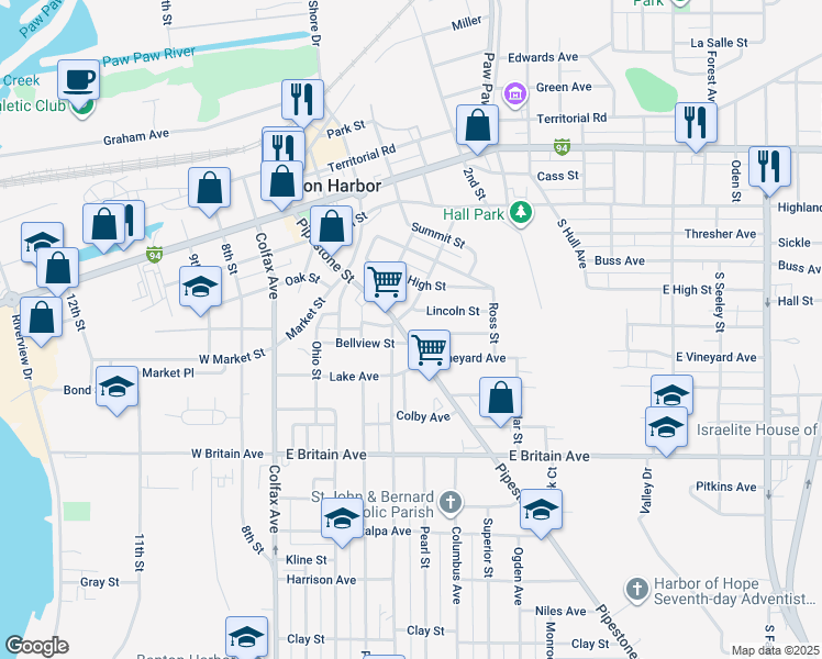 map of restaurants, bars, coffee shops, grocery stores, and more near 305 Pipestone Street in Benton Harbor