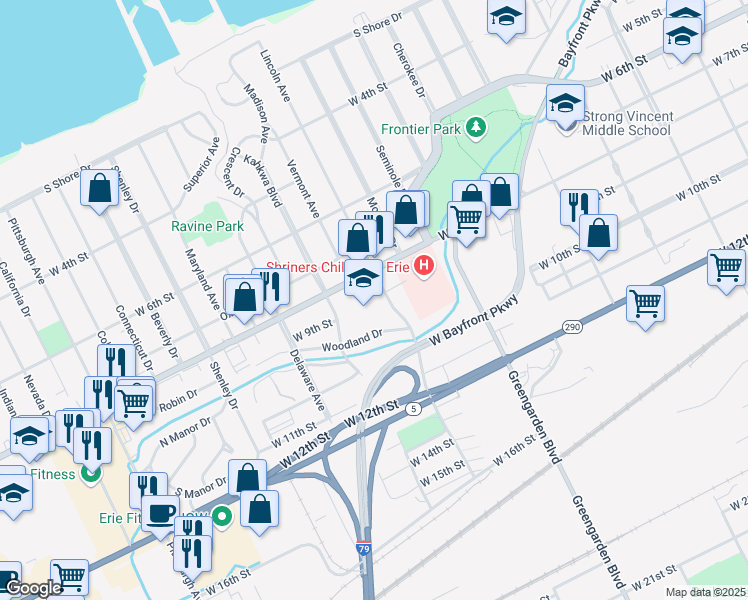 map of restaurants, bars, coffee shops, grocery stores, and more near 820 Lincoln Avenue in Erie