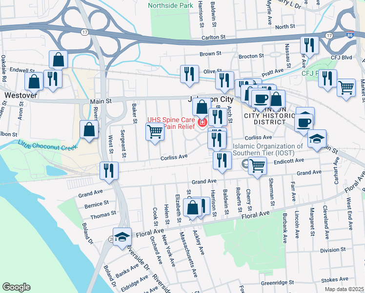 map of restaurants, bars, coffee shops, grocery stores, and more near 96 Saint Charles Street in Johnson City