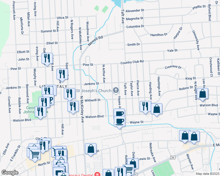 map of restaurants, bars, coffee shops, grocery stores, and more near 221 North Jackson Avenue in Endicott