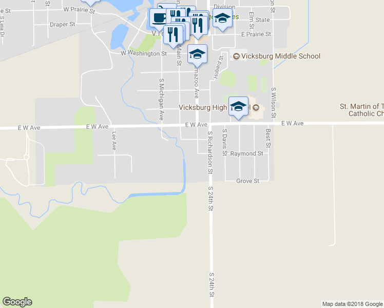 map of restaurants, bars, coffee shops, grocery stores, and more near 202 Raymond Street in Vicksburg