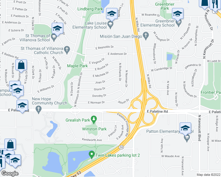 map of restaurants, bars, coffee shops, grocery stores, and more near 1445 Gloria Drive in Palatine