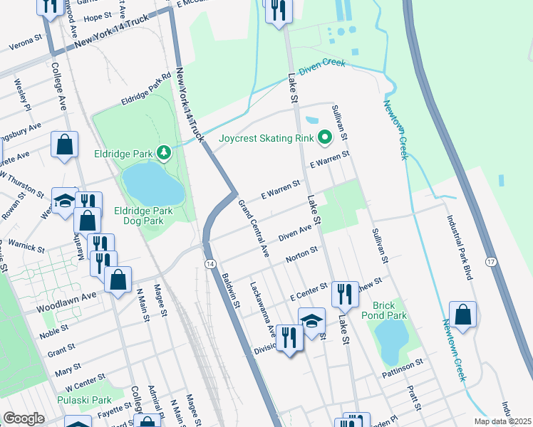 map of restaurants, bars, coffee shops, grocery stores, and more near 351 East Thurston Street in Elmira