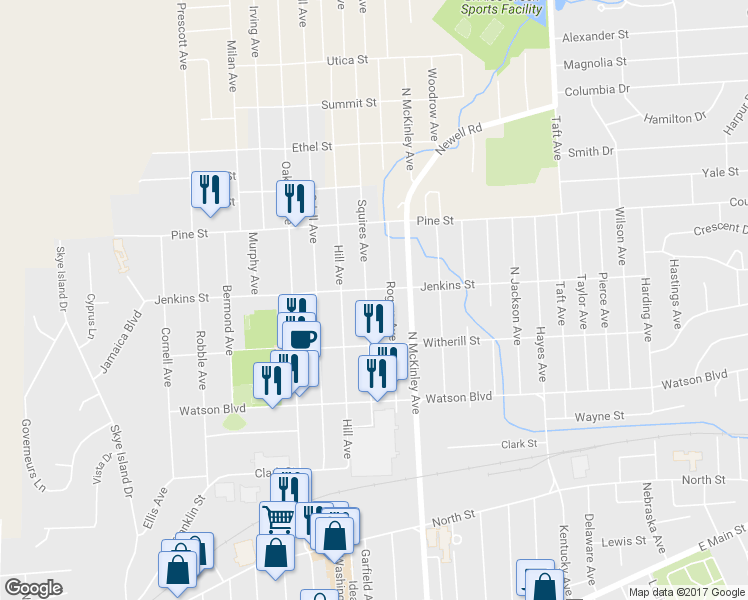 map of restaurants, bars, coffee shops, grocery stores, and more near 224 Squires Avenue in Endicott
