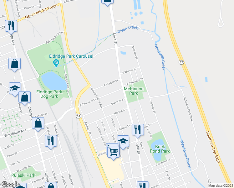 map of restaurants, bars, coffee shops, grocery stores, and more near 372 East Thurston Street in Elmira